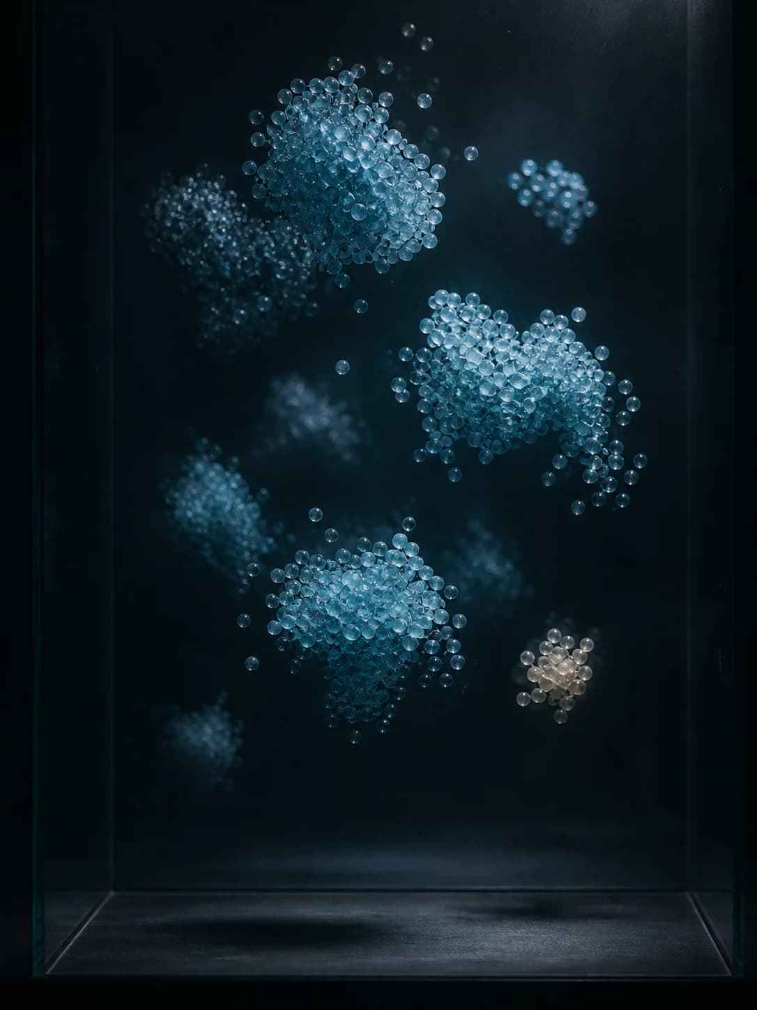 Clusters of translucent blue glass particles suspended in space