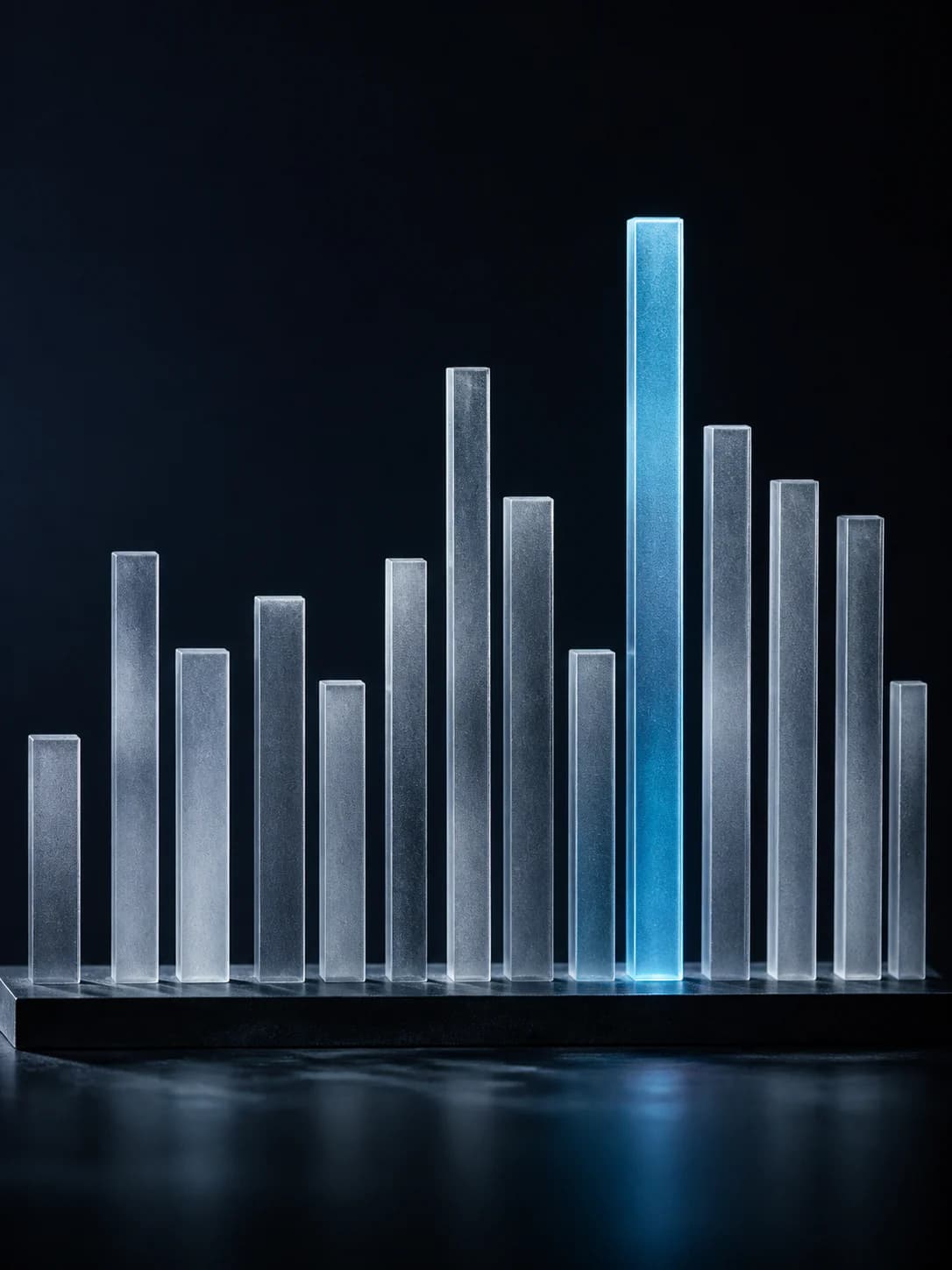 Frosted glass evaluation columns with one cyan result illuminated