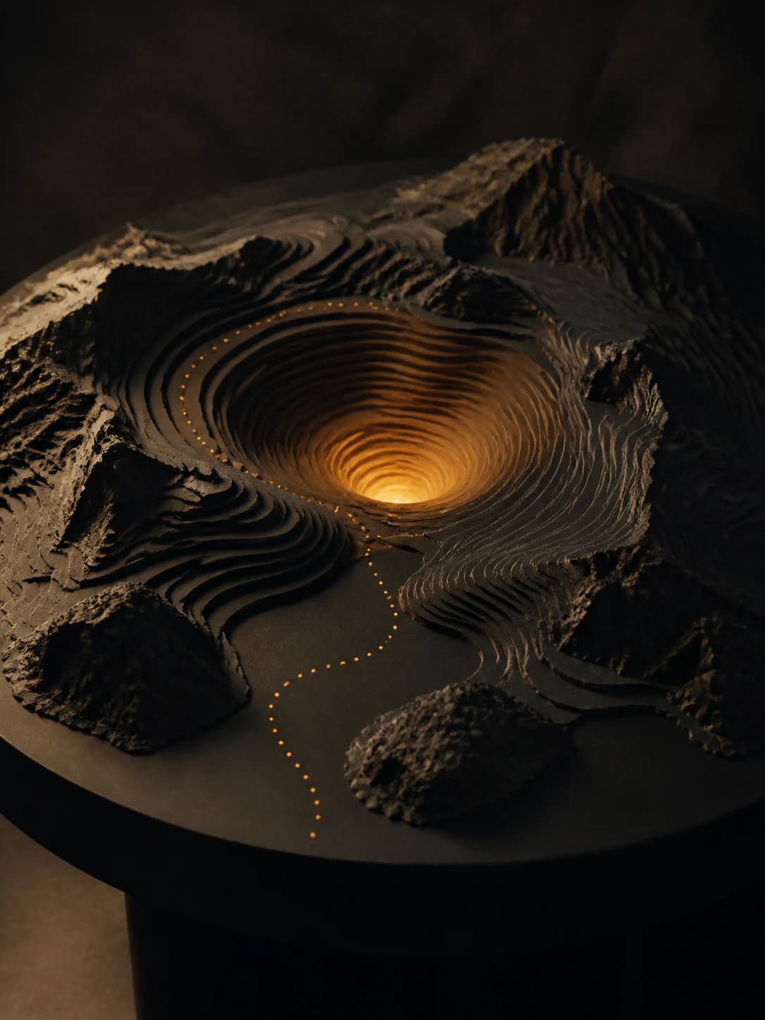 A carved dark terrain descending toward an illuminated amber basin